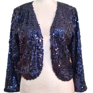 Joan Rivers Y2K blue sequin open front bolero shrug cropped dressy jacket S